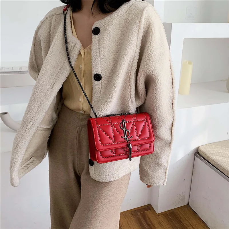 

Autumn And Winter Western Style Tassels Bag Women's 2019 New Style Korean-style Fashion Rivet Versatile Chain Shoulder Square Sl