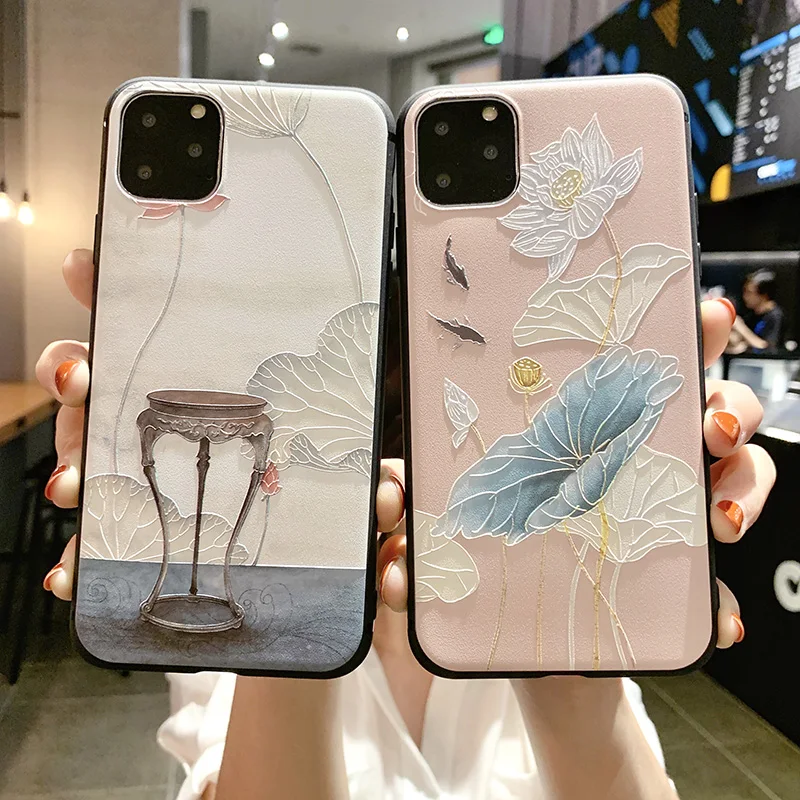 

Chinese traditional painting lotus fish pond flower floral mobile phone case cover for iphone 11 pro max xs max xr xs 7 8 plus