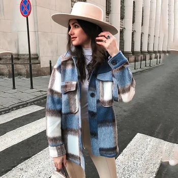 

Foridol vintage plaid blend coat autumn winter button coat women ladies blue jacket checkered coat 2020 chic streetwear coats
