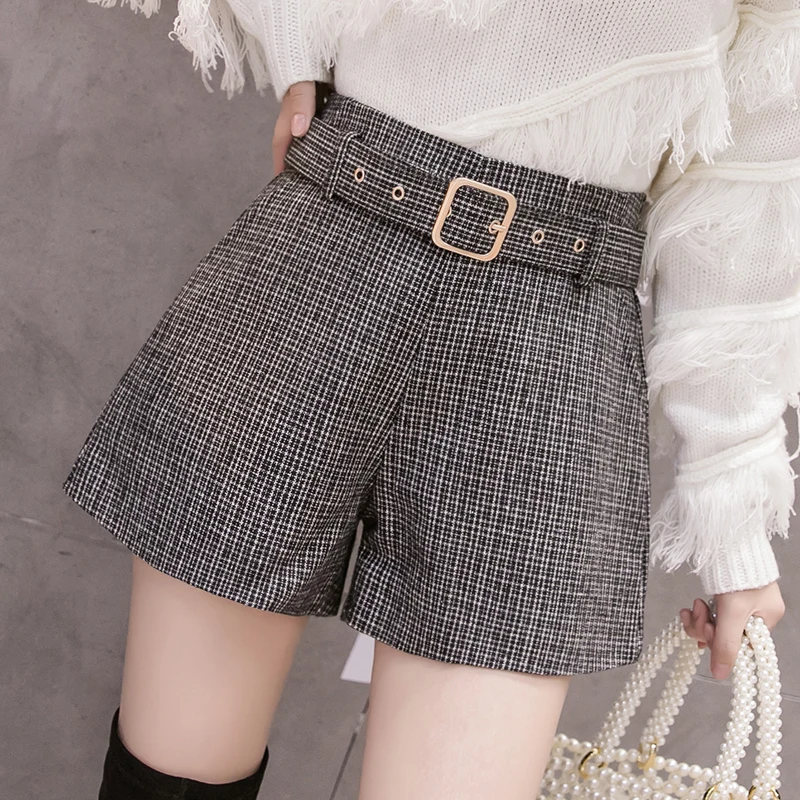 black shorts MUMUZI/свободные зимние ботинки в клетку с высокой талией; шорты; широкие брюки с поясом; Осенние теплые короткие брюки с карманами - Цвет: black shorts