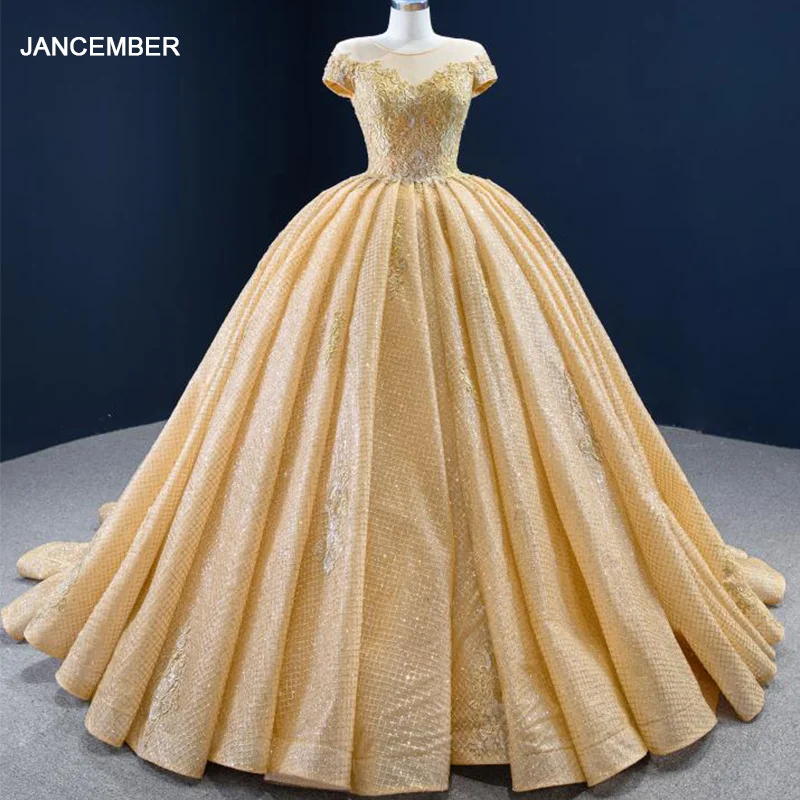

J67217 JANCEMBER Appliques Evening Dress 2020 With Short Cap Sleeves V-Neck Sequined Lace Up Back Ball Gowns