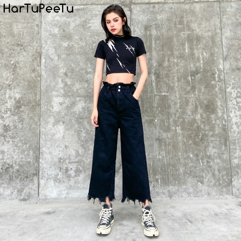 

Women Jeans Pants 2020 Plus Size Denim Trousers Wide Leg Black Casual Loose Fit Buttons Bud Elastic High Waist Irregular Bottom