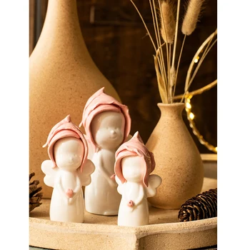 

3pcs/set ceramic Cute pink with hat doll Figurine Desktop garden balcony Ornament Scandinavian Style Statue Home Decoration Gift