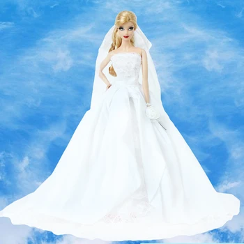 

Fashion White Wedding Dress Evening Party Gown Elegant Bride Skirt With Head Veil Accessories Clothes for Barbie Doll DIY Toy