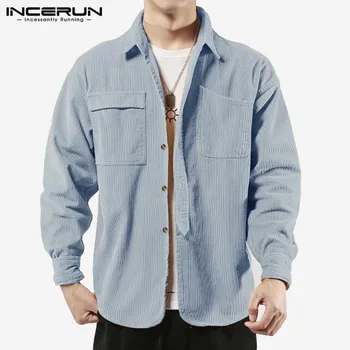 

INCERUN Corduroy Mens Shirt Long Sleeve Lapel Button Pockets Solid Color Camisa Fashion Loose Casual Men Shirts Streetwear S-3XL