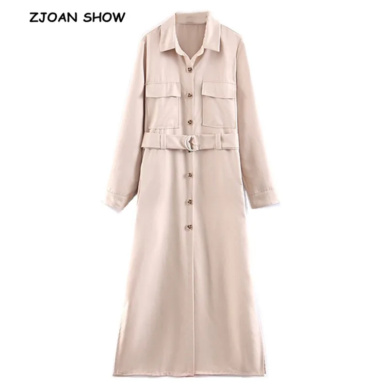 

2019 Autumn Notched Collar Pockets Side Split With Belt Long Safari Windbreaker Khaki Women Trench Casual Coat