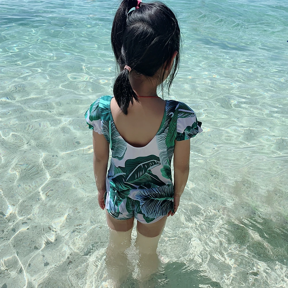 

New Toddler 8-12T Kids Girl Swimsuit One Piece Bathing Suits Child Swimwear Wrap Leaves Print Children Beachwear