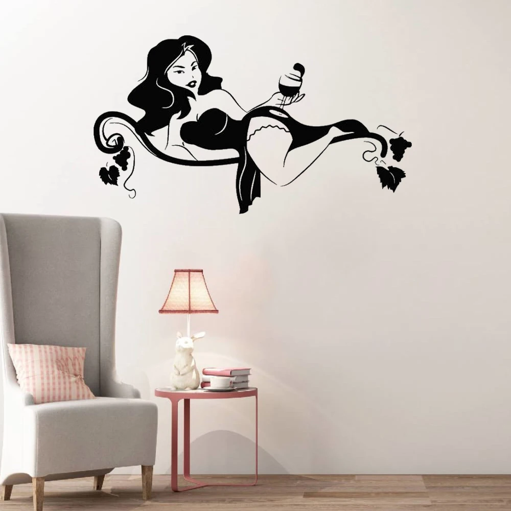

Drinking Woman Wall Decal Wine Pin Up Girl Alcohol Bar Wall Stickers For Living room Bedroom Vinyl Art Mural DW20714