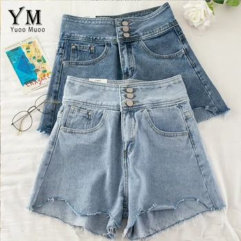 

YuooMuoo Ins Fashion Soft Jeans Shorts for Women 2020 High Waist Buttons Design Denim Shorts Hot Korean Irregular Tassel Shorts