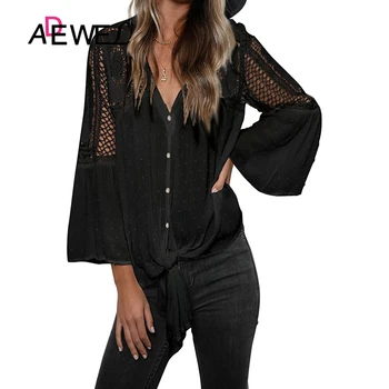 

ADEWEL Black Against The Grain Swiss Dot Crochet Tie Top Poleras Mujer De Moda 2019 T Shirt Plus Size Long Sleeve Shirt Women 2X