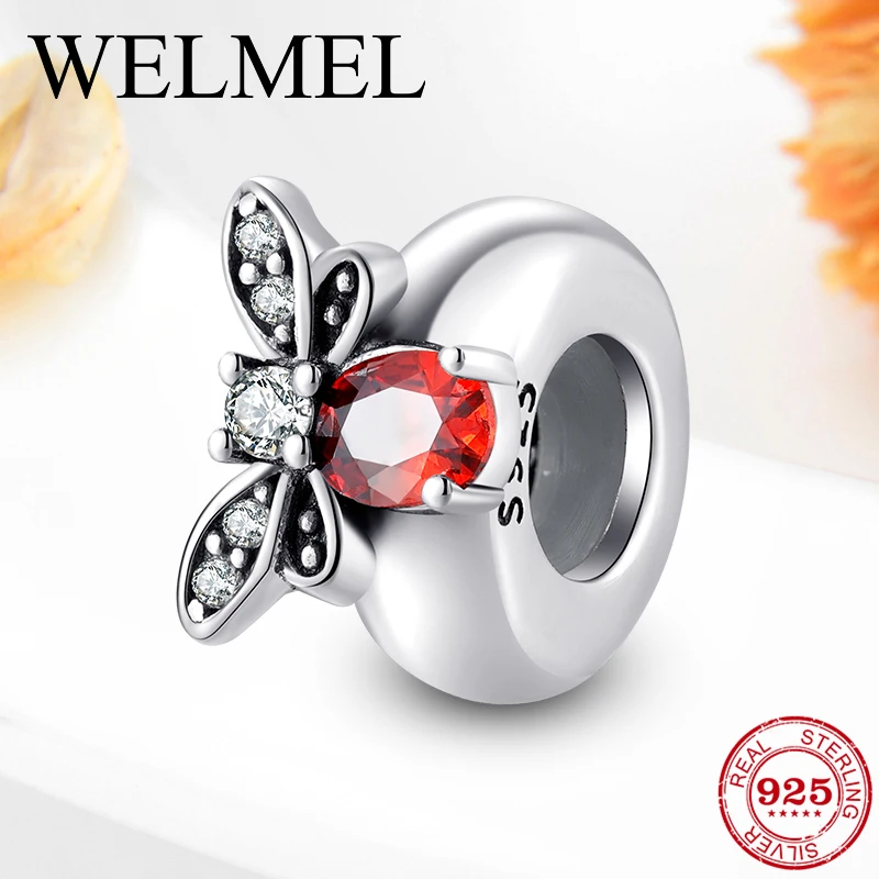 

S925 Silver Sparkly Red CZ Crystal Firefly Charms Spacer Stopper Bead Fit Original Pandora Bead Bracelet Jewelry DIY Accessories