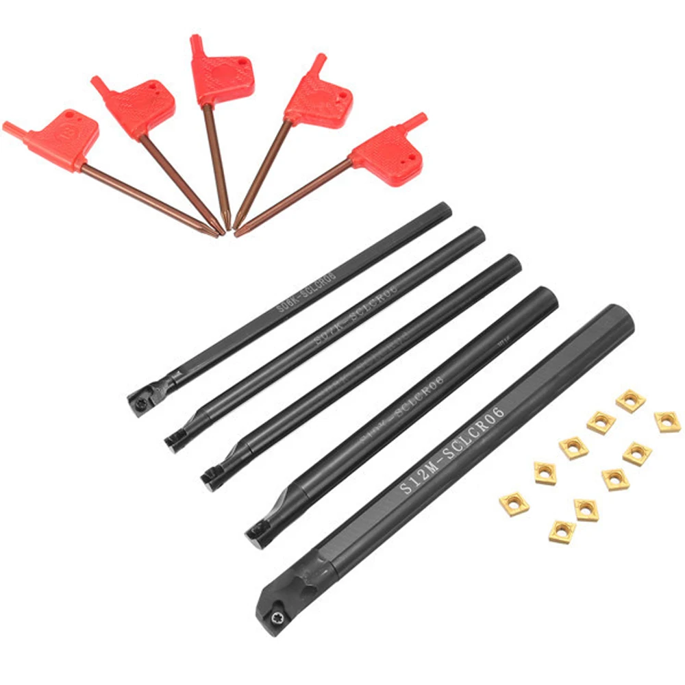 

5Pcs of SCLCR 6/7/8/10/12mm Boring Bar Tunring Tool Holder + 10Pcs CCMT0602 Inserts + 5Pcs Wrenches