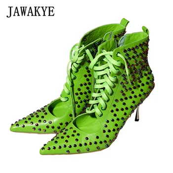 

Runway Rivets Decor Cut Out Ankle Boots Women Sexy Pointy Toe Lace Up Green White Black Thin High Heels Party Shoes for Ladies