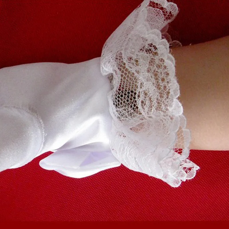 Модные женские Вечерние перчатки с цветочным узором для девочек; Короткие атласные кружевные перчатки с бантом для школьниц; белые перчатки для выступлений