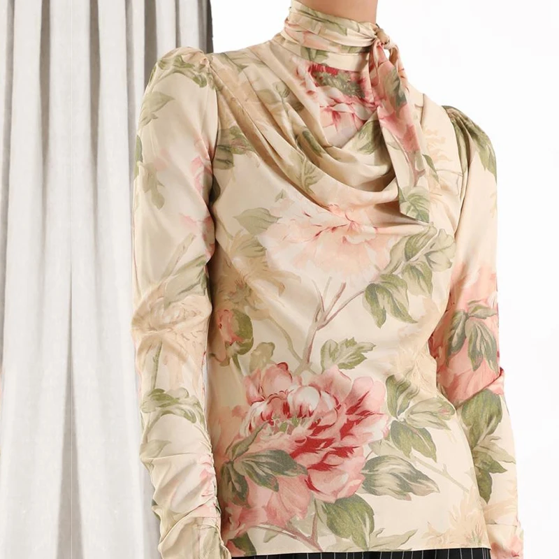 

High Quality Woman Chiffon Blouse Bow Collar Long Sleeve Floral Print Fashion Sweet Tops Holiday Vacation Shirts Autumn 2019 New