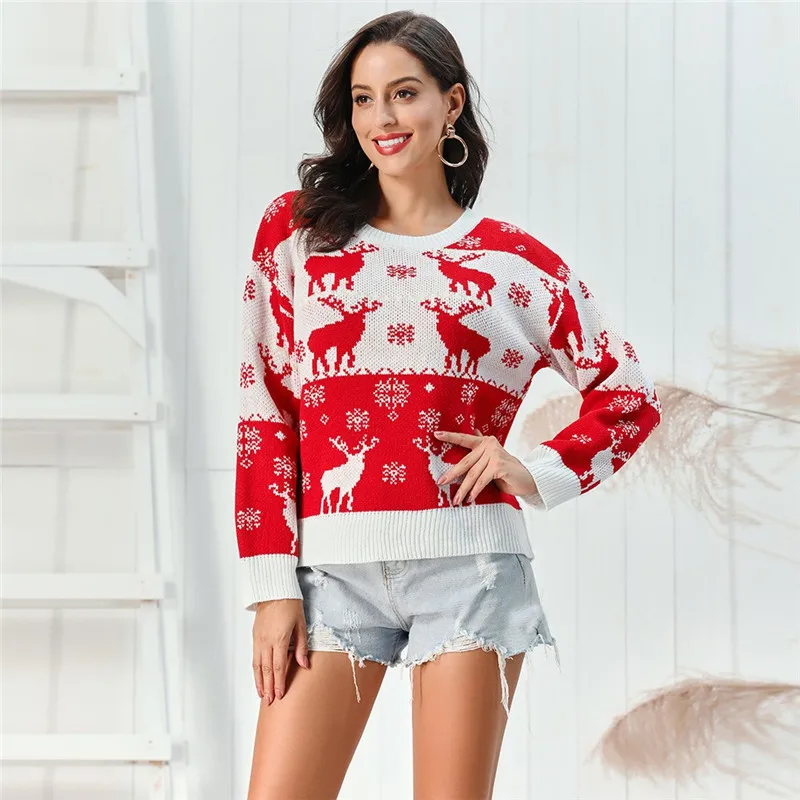 Women Christmas Sweater Geometric Pattern O-Neck Pullover Elk Snowflake tops 2020 New year clothes pull femme hiver truien dames | Женская