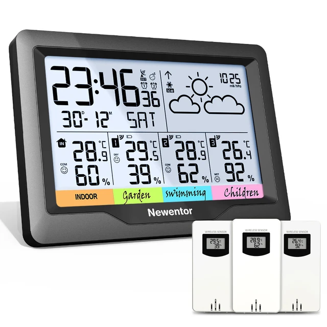 Newentor Q5 Estación Meteorológica Inalámbrica Digital Interior Exterior  Previsión Con 3 Sensores Higrómetro Humedad Temperatura