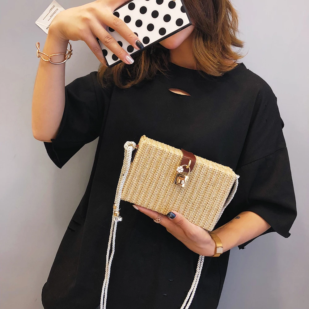 USFashion Lady Floral Print Beach Rectangle Box Bag Rattan Straw Crossbody Bags Bohemia Handbag Shouldbag