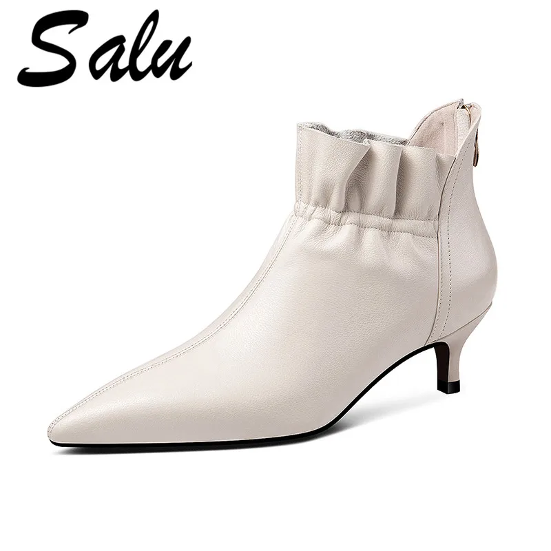 

Salu Fashon Genuine Leather Women Shoes Autumn Winter High Heels Ankle Boots Pointed Toe Side Zipper Party Shoes Woman
