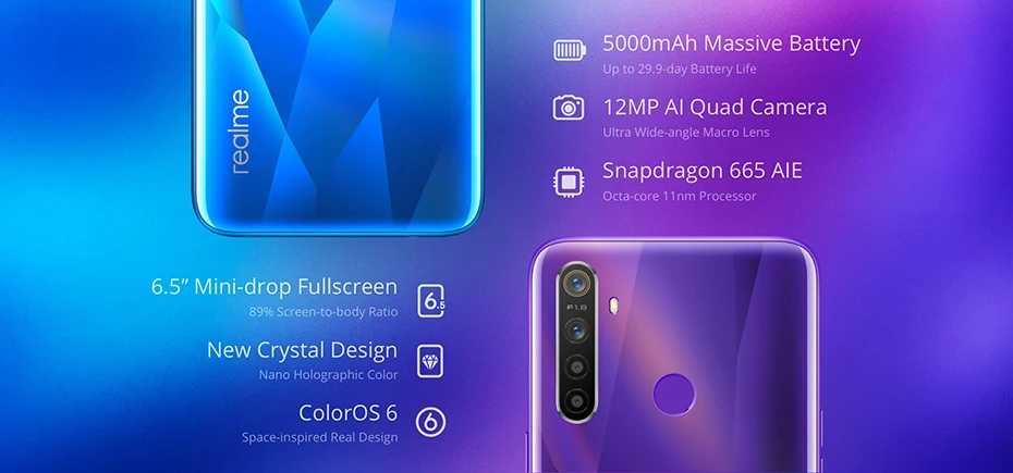 Realme 5, 3 ГБ ОЗУ, 64 Гб ПЗУ, мобильный телефон 6,5 дюйма, Восьмиядерный процессор Snapdragon 665, камера 12 МП, мобильный телефон, 5000 мАч, VOOC, 10 Вт, быстрое зарядное устройство