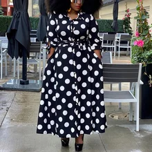 

Elegant Dresses Women for Wedding Party Polka Dot Printed Full Sleeve Single Breasted Ankle Length Fashion Night Dinner Vestidos