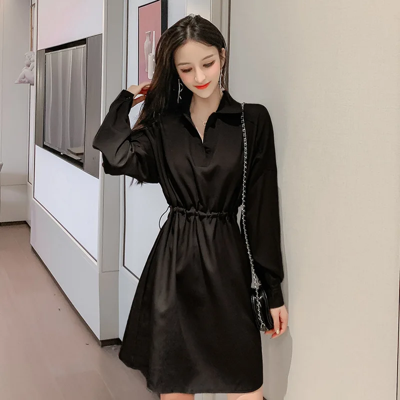 

2019 Autumn New Style French Hepburn Retro Long Sleeve Back Hollow out Elastic Waist Loose-Fit Slimming Dress Women's