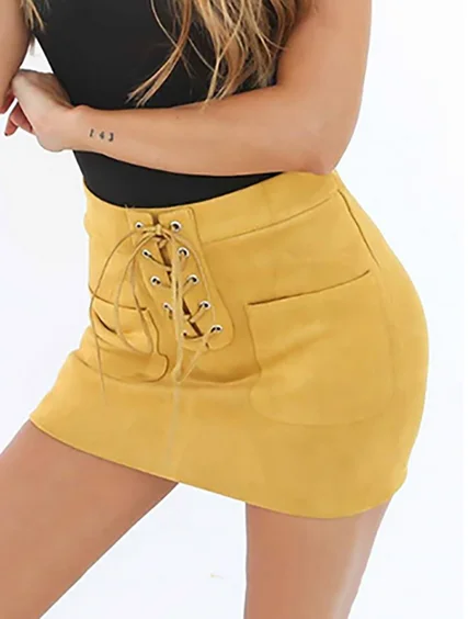 Short High Waist Woemn Leather Suede Pencil Skirts Bandage Solid Bandage Sexy Party Wear Mini Skirts Slim Outwear For Women