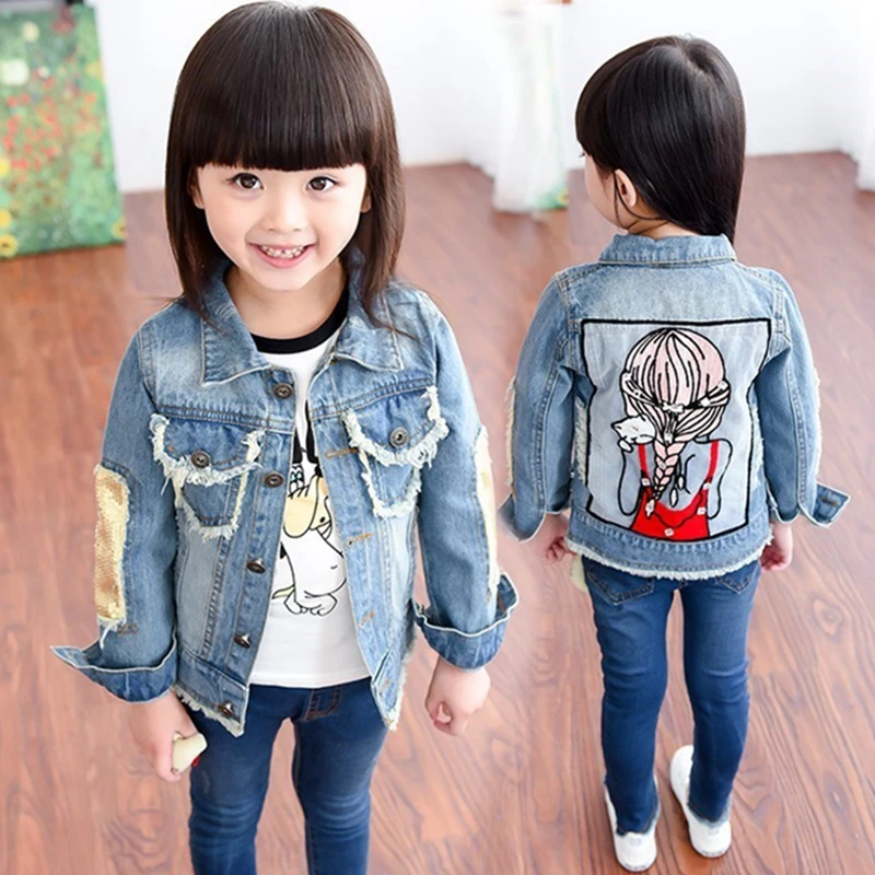 

Girls lapel denim jacket spring and autumn cartoon denim children's loose tops girls mother models parent-child clothes