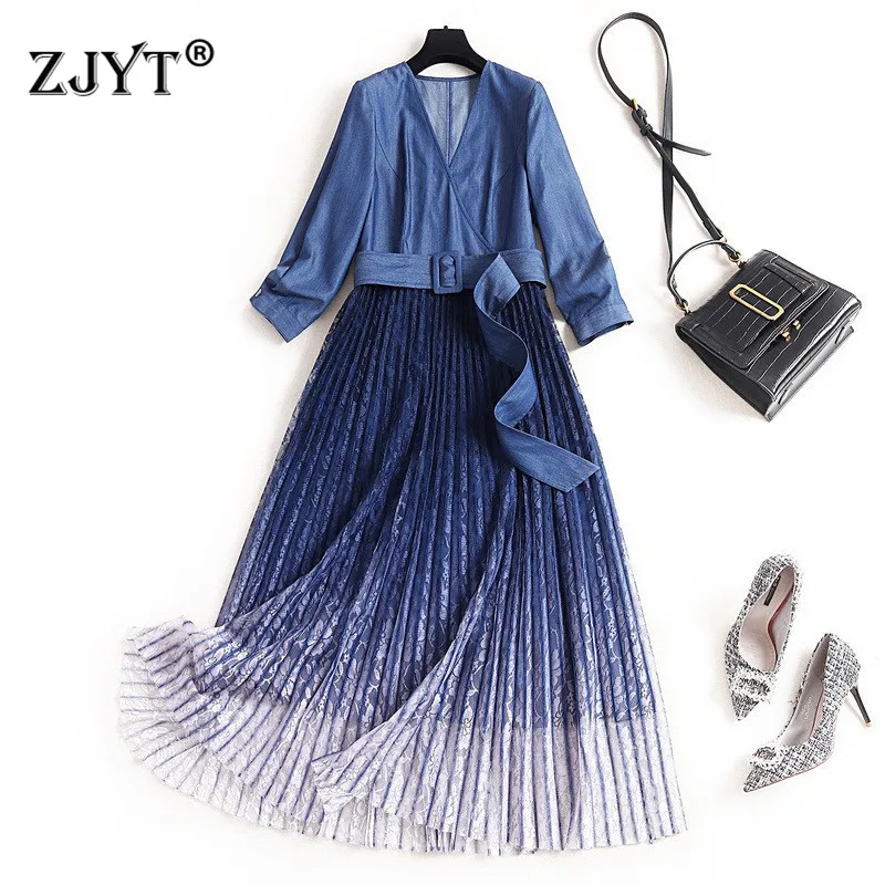 

Spring Dresses for Women 2020 New Fashion Street Style V Neck Blue Denim Patchwork Gradient Pleated Lace Dress Casual