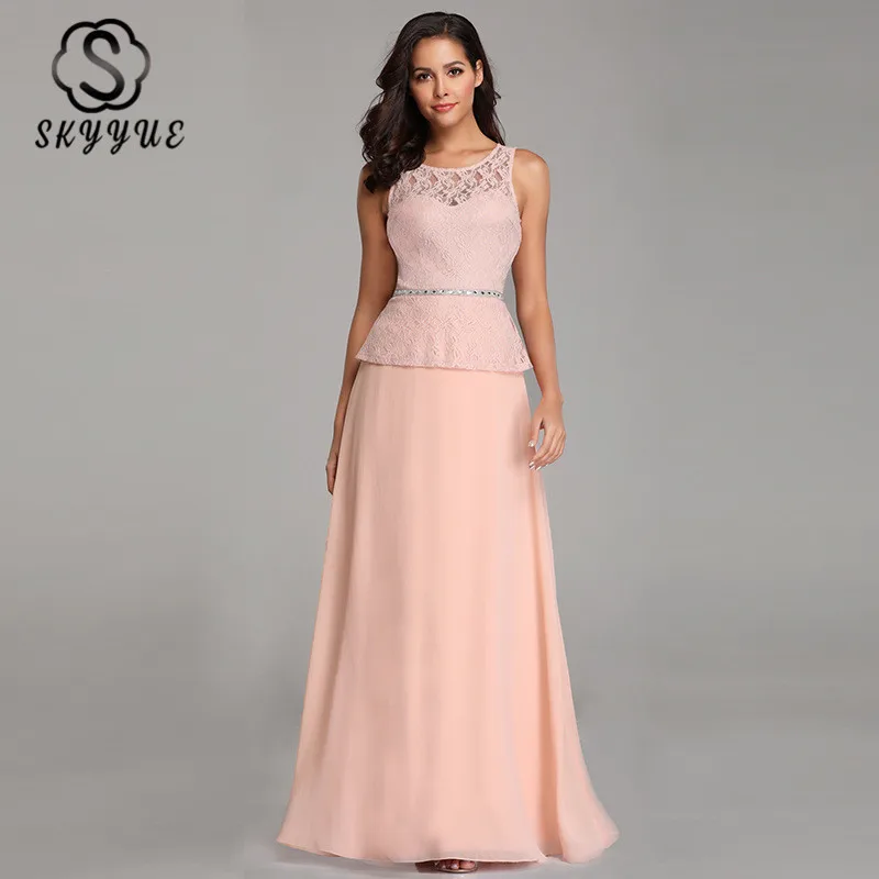 

Skyyue Bridesmaid Dress Sleeveless Elegant A-Line O-Neck Embroidery Bridesmaid Gown 2019 Chiffon Wedding Party Dresses C453