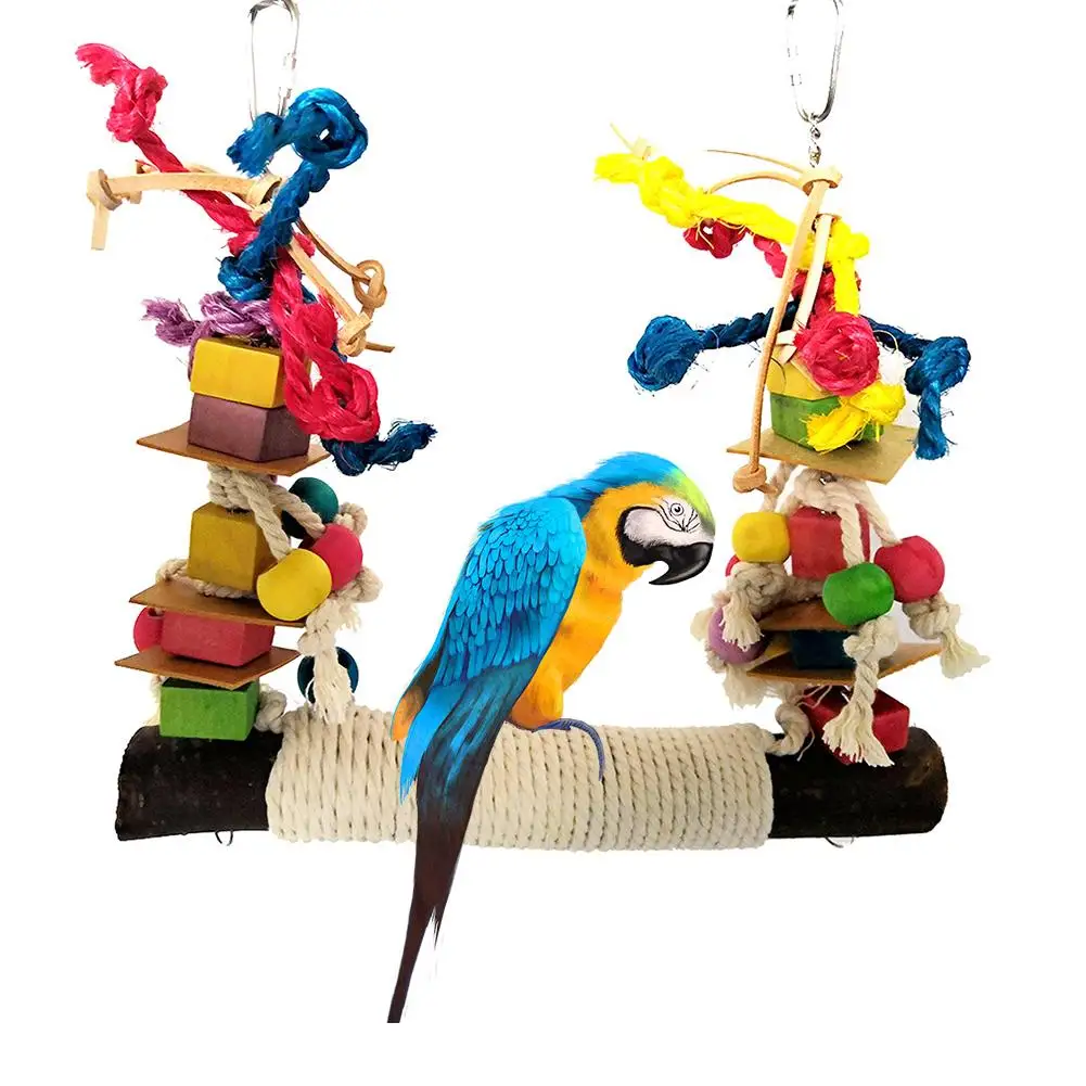 Parrot Toy Bird Bite Toy Perch Wooden Leather Colorful Building Block Cotton Rope Big Swing Standing Training Toys Pet Birds
