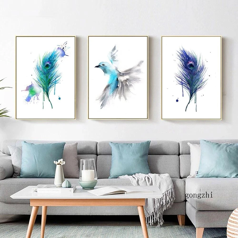 Watercolor Bird Feather Abstract Canvas Painting Blue Nordic Animal Posters Prints Wall Art Pictures For Living Room Home Decor|Painting & Calligraphy| - Aliexpress
