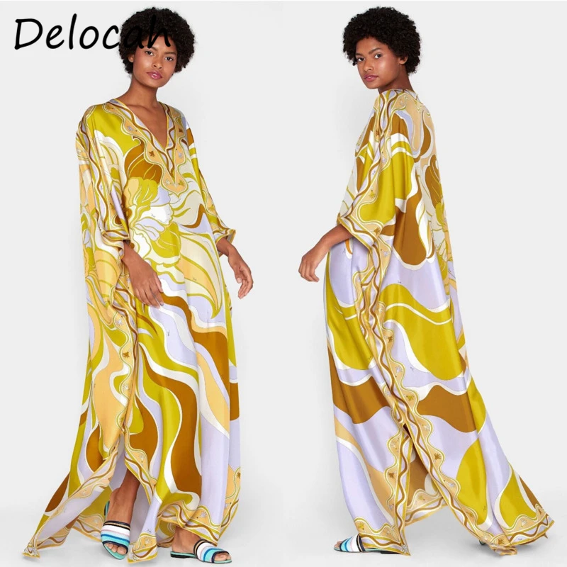 

Delocah Autumn Fashion RunwayÂ Loose Plus Size Kaftan Long Dress Women Batwing Sleeve Colorblock Printed Holiday Maxi Dress Robe