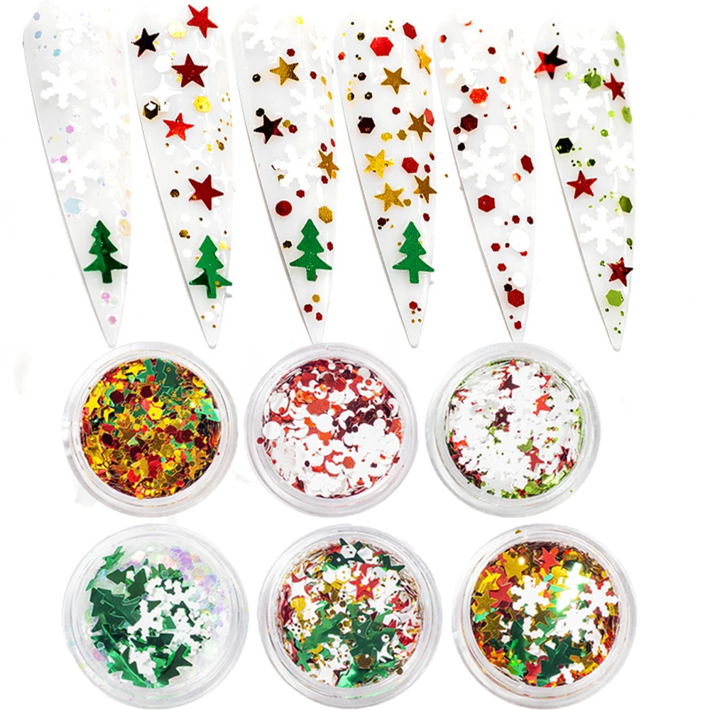 6Box /set Christmas Hot Mix Style Snowflake Christmas Tree Star Glitter Nail Sequins Holographic Flakes Nail Art Sticker Decor