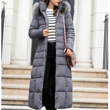 

Winter hooded jacket women plus size warm overcoat belt long parka oversize fur collar coat padded outerwear thick streetwear