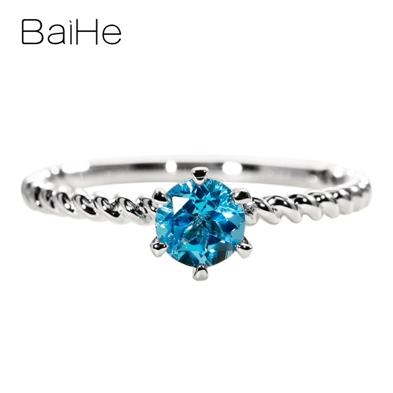 Baihe Solid 14K White Gold 5Mm Blue Topaz Ring Donna Uomo Trendy Wedding Fine Jewelry Making Anillo Topvent Azul Cyclainchersatus