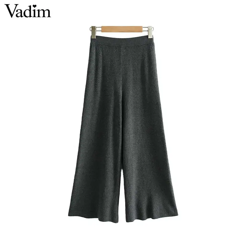 

Vadim women elegant solid knitted wide leg pants elastic waist stretchy female cozy casual trousers calf length pantalones KB155