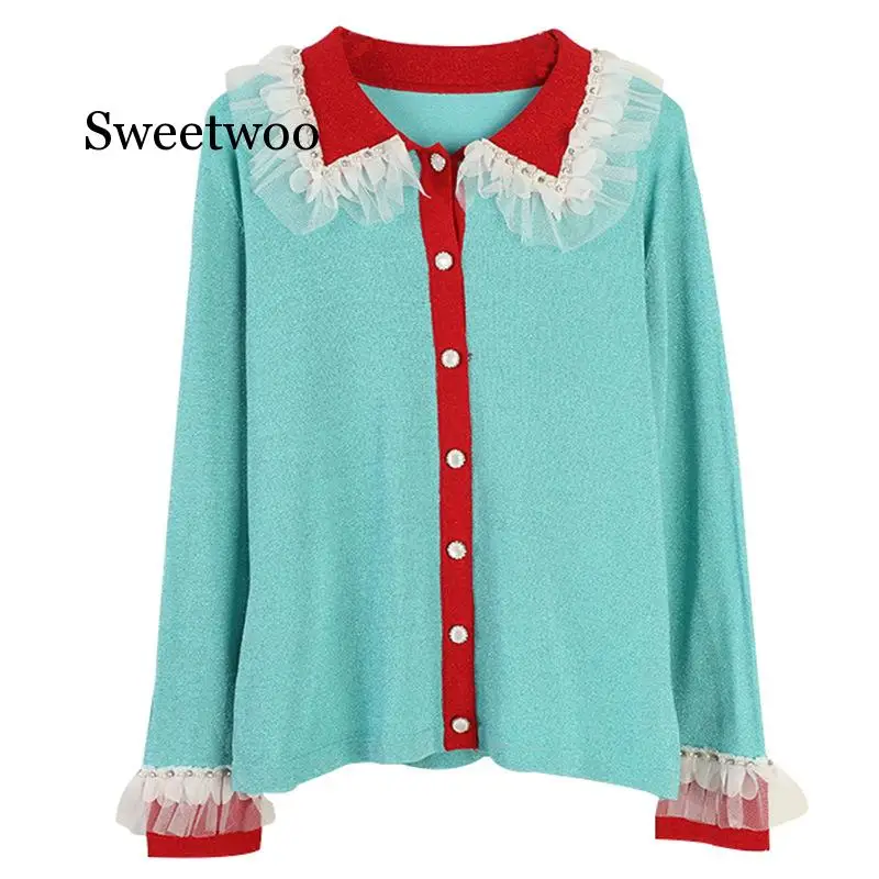 2020 New Spring Autumn Fashion Women Sweater Mesh Stitching Stripes Beads Coat Knitting Thin Fashion Long Sleeves Cardigan 2020 New Spring Autumn Fashion Women Sweater Mesh Stitching Stripes Beads Coat Knitting Thin Fashion Long Sleeves Cardigan