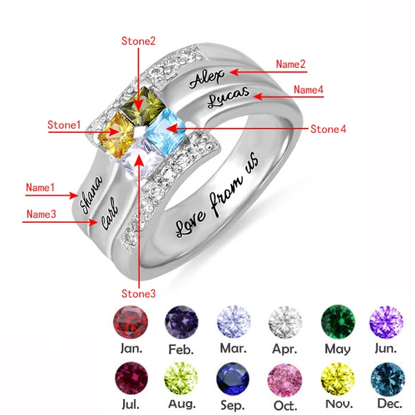 AILIN персонализированные камни по месяцу рождения кольца из стерлингового серебра для женщин на заказ выгравированное имя кольцо Уникальный Дизайн обручальные кольца для пар - Цвет основного камня: 4 names