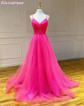 

2020 New Simple Prom Dress Fuchsia Spaghetti Straps Pleats Sweep Train Sexy Lace-up Backless Evening Dress فساتين السهرة