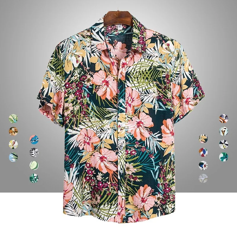 Новинка мужская летняя гавайская рубашка Aloha Мужская льняная с коротким рукавом