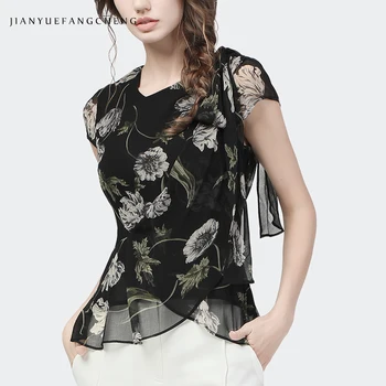 Fashion Flower Printed Women Summer Blouses V-Neck Ribbon Short Sleeve Tops Plus Size Elegant Silmming Ruffles Chiffon Blouse