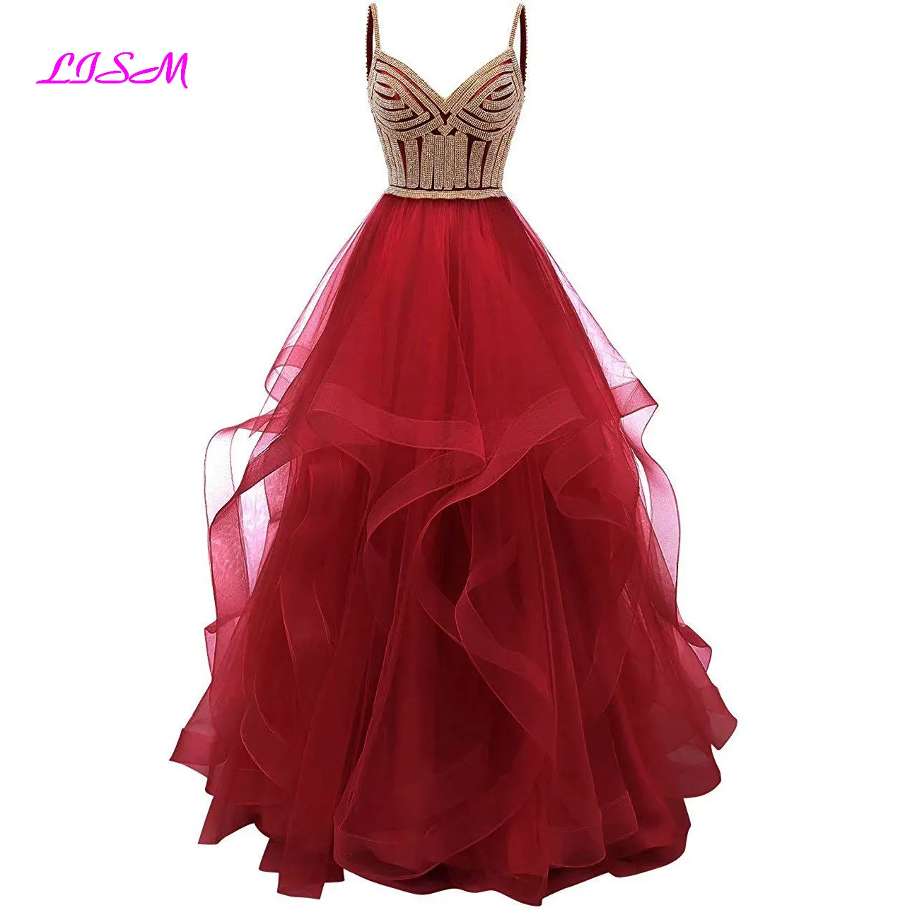 Tulle Crystal Beaded Long Prom Dresses Tiered Formal Evening Dress Spaghetti Straps Sweetheart Ball Gown Princess Party Gowns Prom Dresses