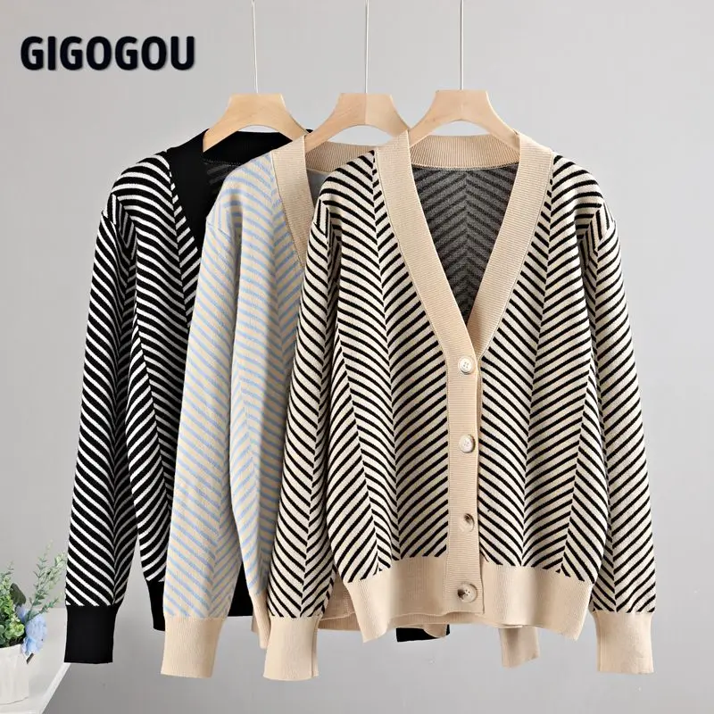 GIGOGOU solo Breasted V cuello mujeres botón árbol de Navidad negro suéter de punto Cardigan suelto de Jersey chaqueta abrigo