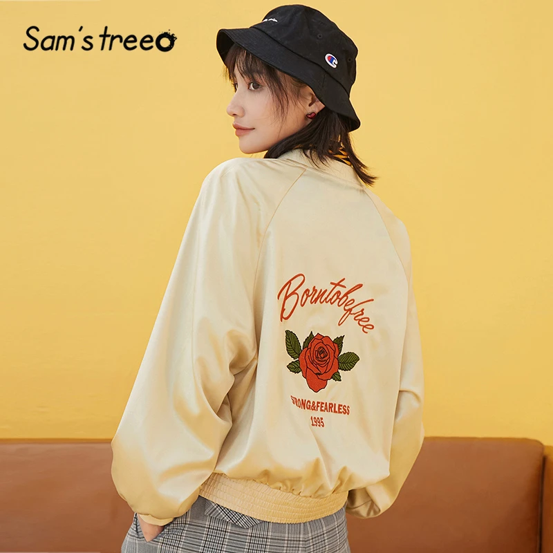 

Samstree Gold Zip Front Embroidery Casual Crop Bomber Jacket Women Coat 2019 Autumn High Street Korean Ladies Outwear