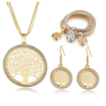

Gold Plated Tree Of Life Jewelry Set For Women Girls Necklace Earrings Bracelets Wedding Crystal Jewellery Set