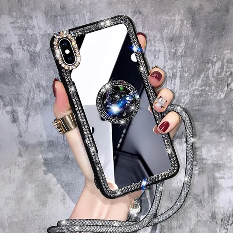 

Mirror Rhinestone Makeup Women Case For Samsung S10 Plus S10E S9 S8 Plus S7 Edge Note 10 + 9 8 Glitter Diamond Finger Ring Cover