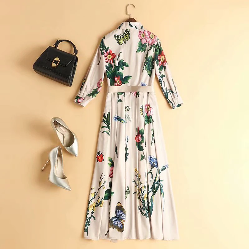 SEQINYY Beige Dress Summer Spring New Fashion Design Half Sleeve Flowers Printed Midi A-line Dress Belt