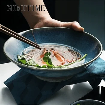 

NIMITIME Japanese Ceramic Noodle Soup Bowl Ramen Salad bowl Big Shallow Kiln Dinner Bowl