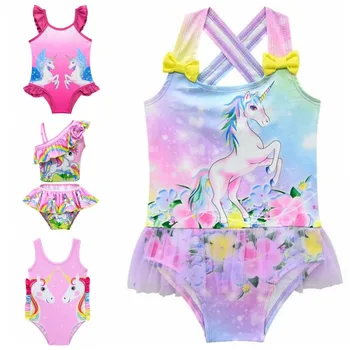 

2020 New Unicorn One piece Baby Swimsuit Beach Wear Cartoon Stripes Halter Swimwear Quick Dry